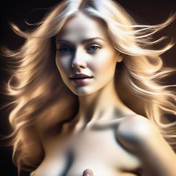 An exquisite digital art piece captures a blonde woman with a well-defined body in a state of ecstasy