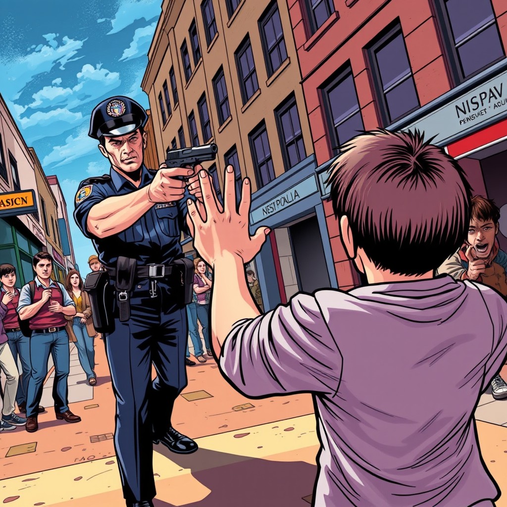 A dramatic comic book scene depicting a NSW police officer in full uniform aiming their firearm at a person with their hands raised in surrender