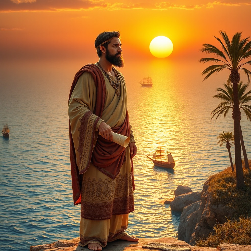 An ancient Phoenician man standing on a coastal cliff, overlooking the Mediterranean Sea