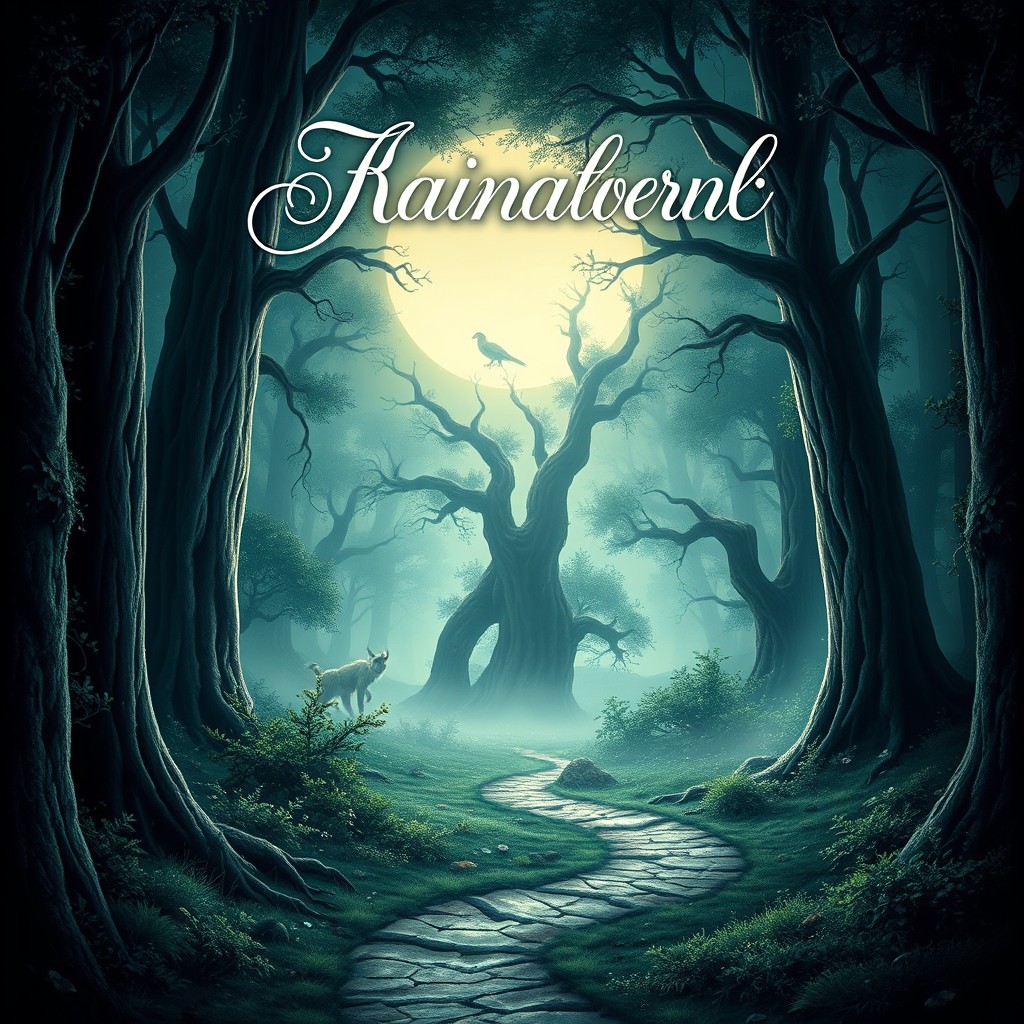 A captivating book cover design featuring a mysterious forest illuminated by soft moonlight, with towering, ancient trees and ethereal creatures peeking through the foliage