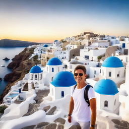 Ultra wide-angle selfie with iconic white buildings and blue domes of Santorini, Greece. Vibrant Mediterranean colors, high contrast architecture, and golden hour lighting overlooking the Aegean Sea in 9:16 aspect ratio, a resolution of 750, and 5 visual complexity