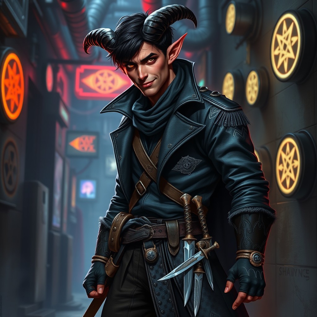 A male Tiefling rogue with a swashbuckler flair, level 3, chaotic neutral