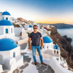 Ultra wide-angle selfie with iconic white buildings and blue domes of Santorini, Greece. Vibrant Mediterranean colors, high contrast architecture, and golden hour lighting overlooking the Aegean Sea in 9:16 aspect ratio, a resolution of 750, and 5 visual complexity