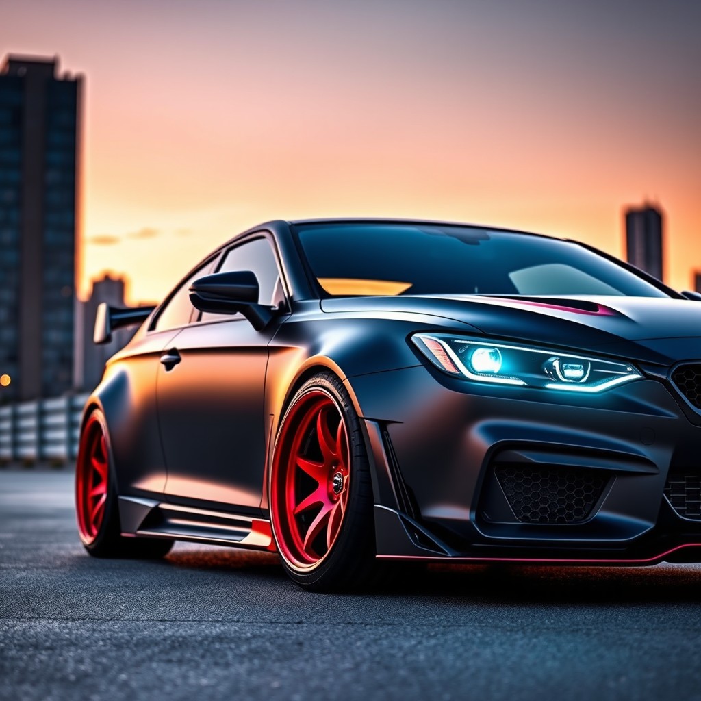 Sleek Modified Car in Matte Black with Red Accents | Urban Sunset Showcase