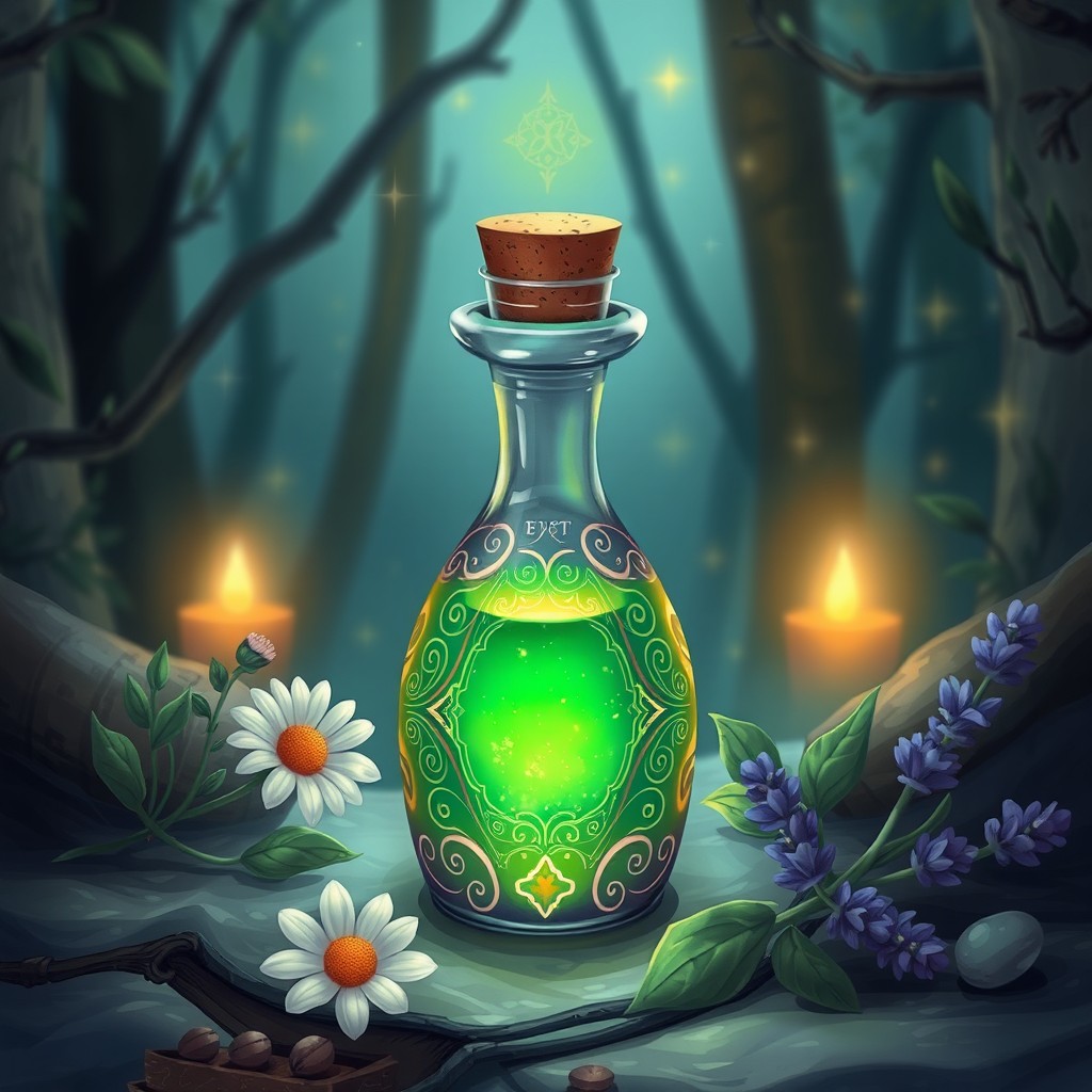 A beautifully illustrated potion of healing, featuring a small, ornate glass bottle with a cork stopper
