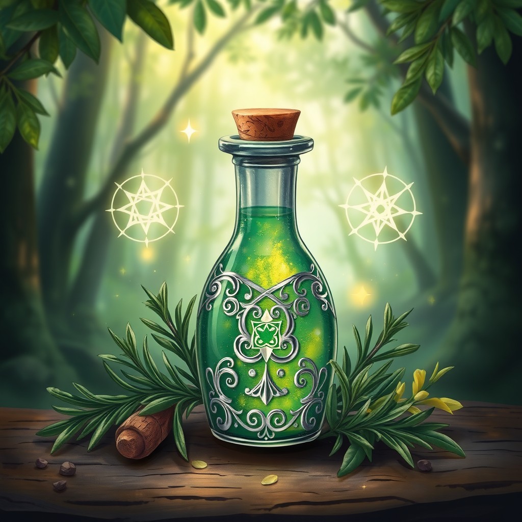 A beautifully illustrated potion of healing, depicted in a small, ornate glass vial with a shimmering emerald green liquid inside