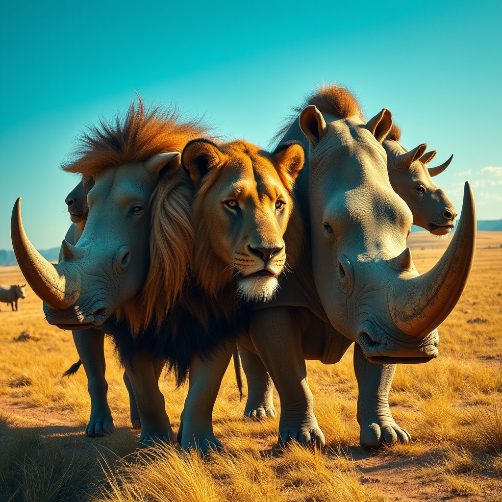 A fantastical scene featuring a majestic lion with a striking mane and a fierce expression, standing alongside a powerful rhinoceros with impressive horns