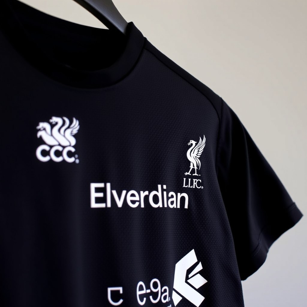 A bold black dry fit Liverpool football shirt, featuring a prominent white club logo and sponsor logos