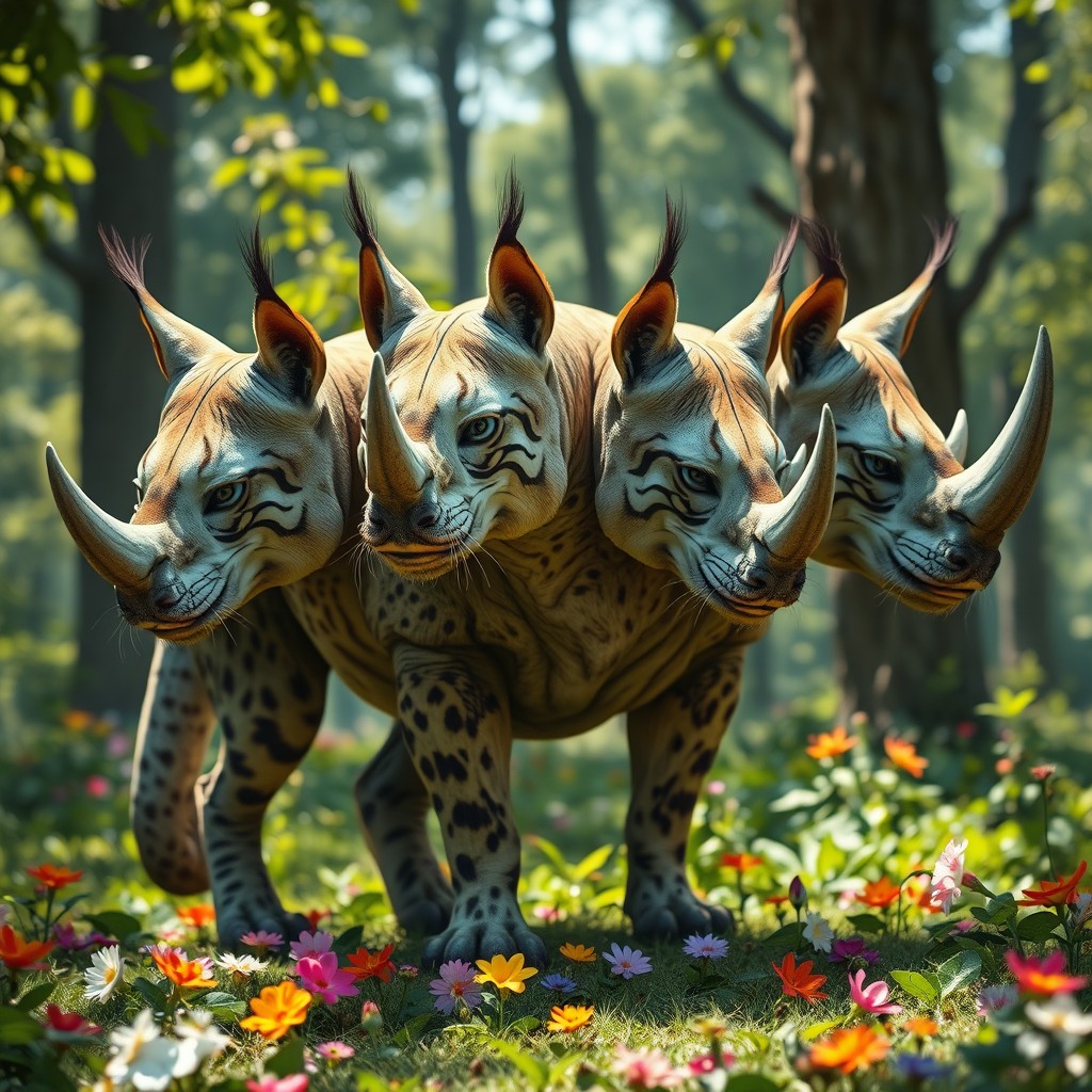 A surreal creature combining the features of a lynx and a rhinoceros, showcasing its unique four heads
