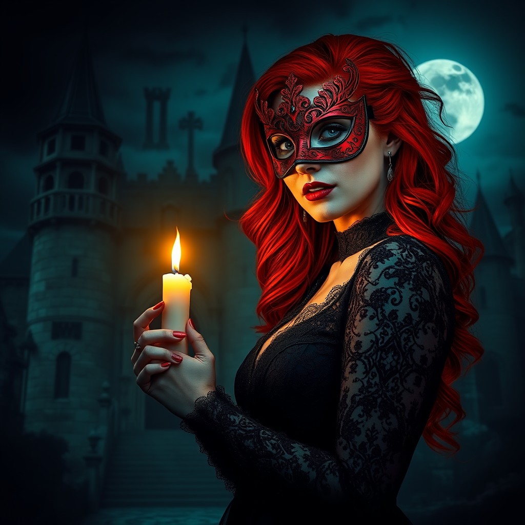 A gothic woman with striking fiery red hair and a mysterious red mask, elegantly holding a lit candle that casts a warm glow