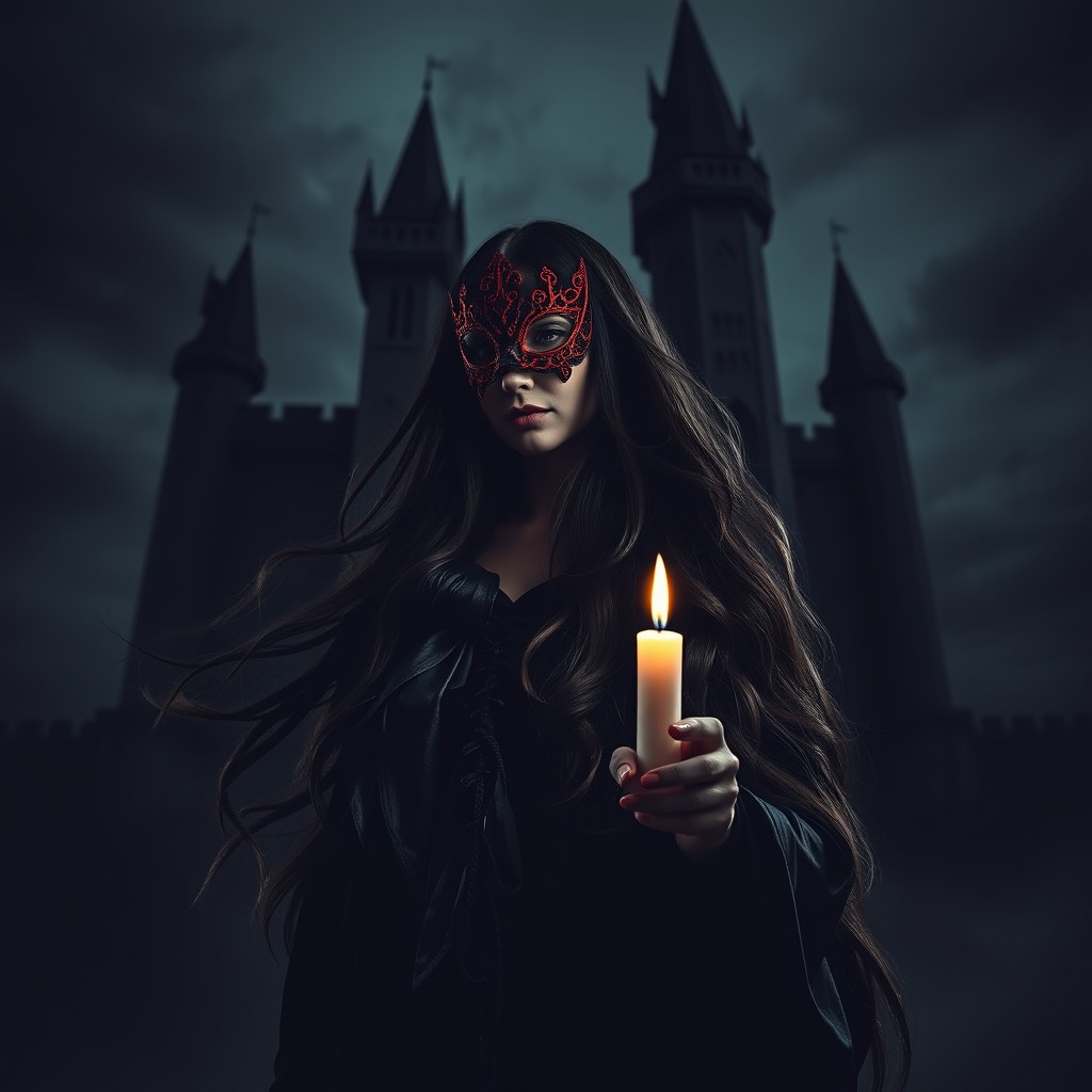 A gothic woman with long, flowing dark hair and a striking red mask, gracefully holding a lit candle that flickers softly