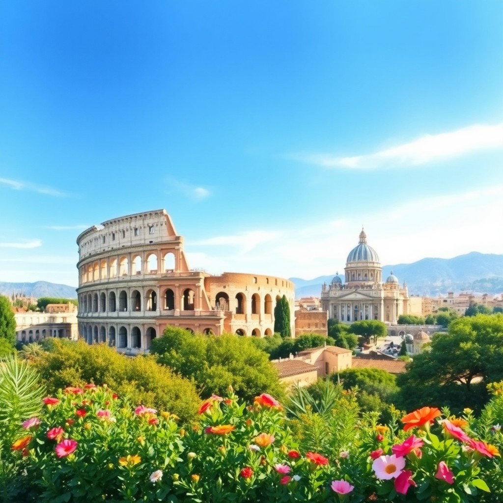A picturesque watercolor landscape of Rome, showcasing iconic landmarks such as the Colosseum and St