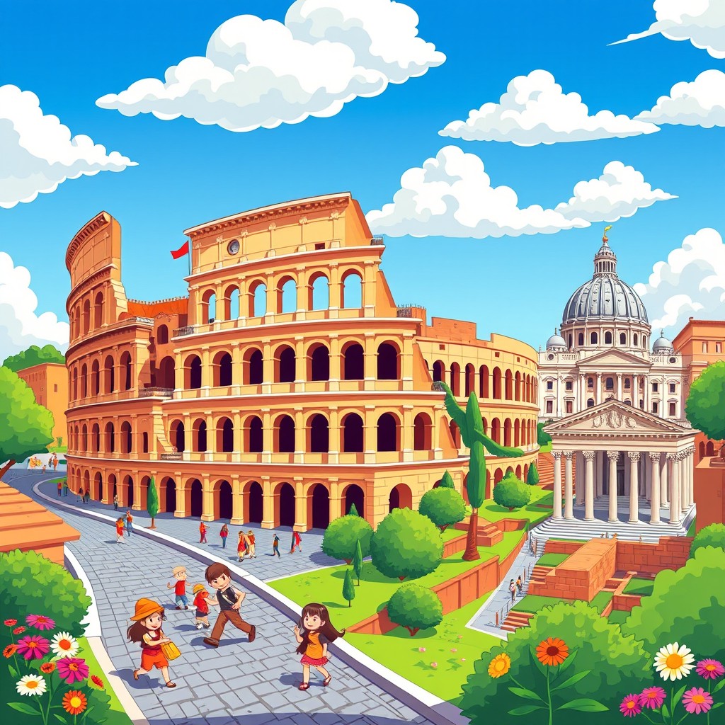 A vibrant cartoon-style landscape depicting the famous landmarks of Rome, featuring the Colosseum, St