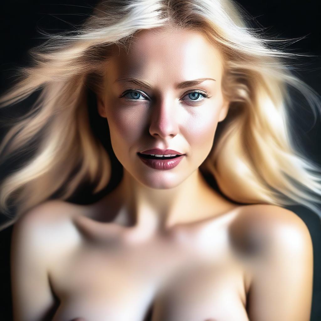 A striking digital art piece captures a seductive blonde woman in a state of intense pleasure, suggesting an orgasm