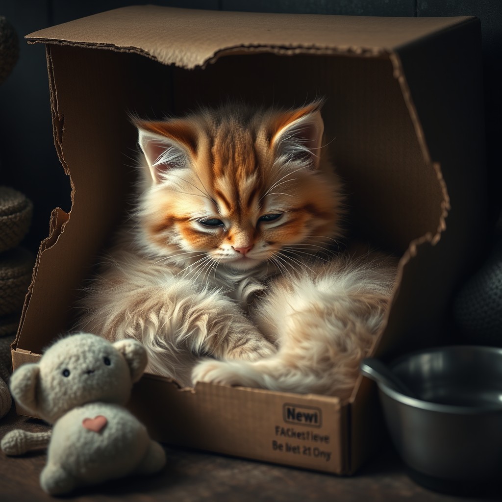 A chubby, fluffy kitten with a sad expression, curled up in a cardboard box with a tear in the side
