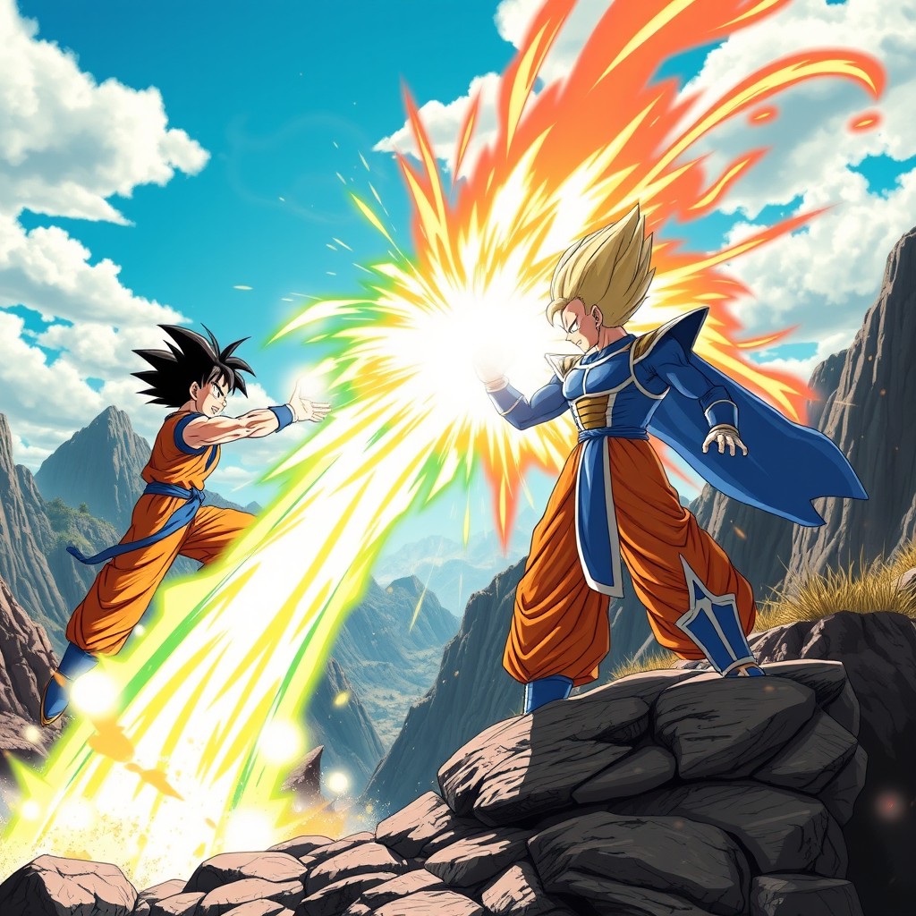 An epic showdown between two powerful warriors, Goku and Vegeta, standing atop a rocky, mountainous terrain under a bright, blue sky