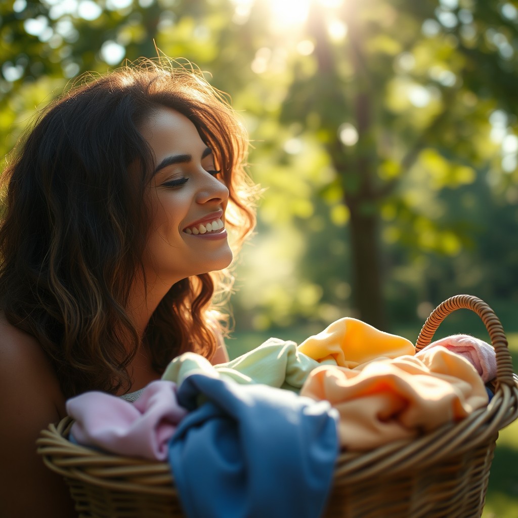 A warm and joyful scene featuring a person, with a bright smile, deeply inhaling the scent of a basket filled with freshly washed laundry