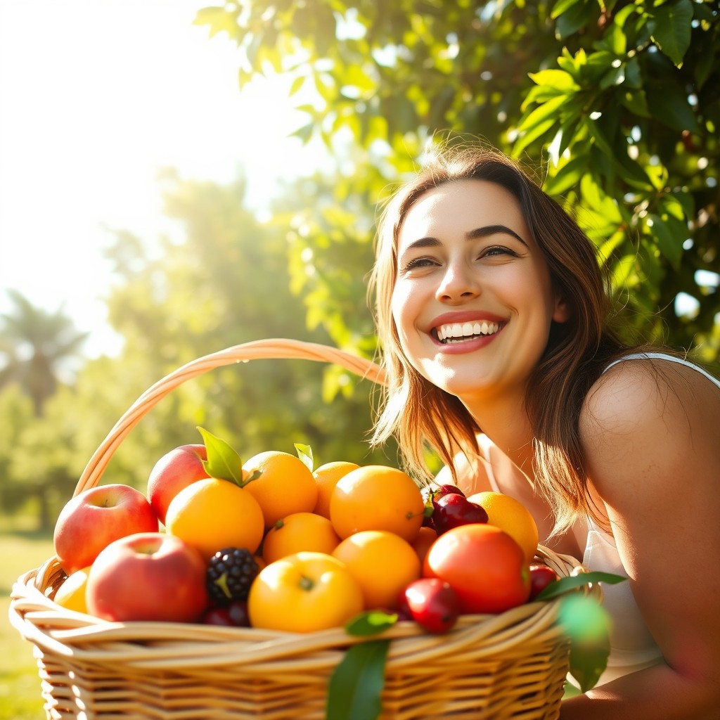 A bright and cheerful scene featuring a person with a joyful smile, leaning close to a basket filled with an array of freshly picked fruits, such as vibrant apples, luscious oranges, and ripe berries