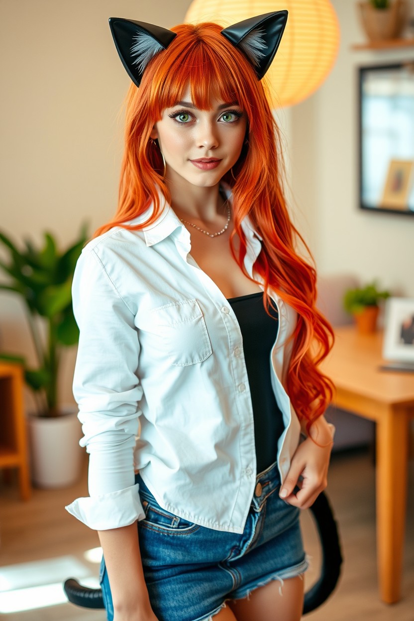 A playful and stylish portrayal of a 'Kitty Woman', characterized by vibrant red hair and striking green eyes