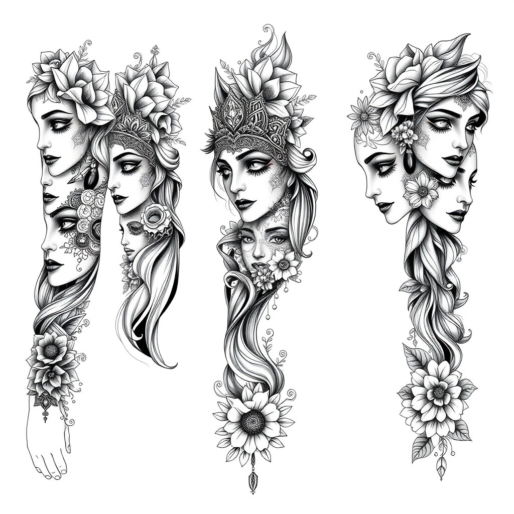 A full sleeve tattoo design featuring beautiful and intricate female faces intertwined with artistic masks