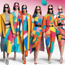 Latest high-fashion runway models wearing trendy, stylish outfits in bright colors with abstract patterns.