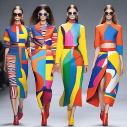 Latest high-fashion runway models wearing trendy, stylish outfits in bright colors with abstract patterns.