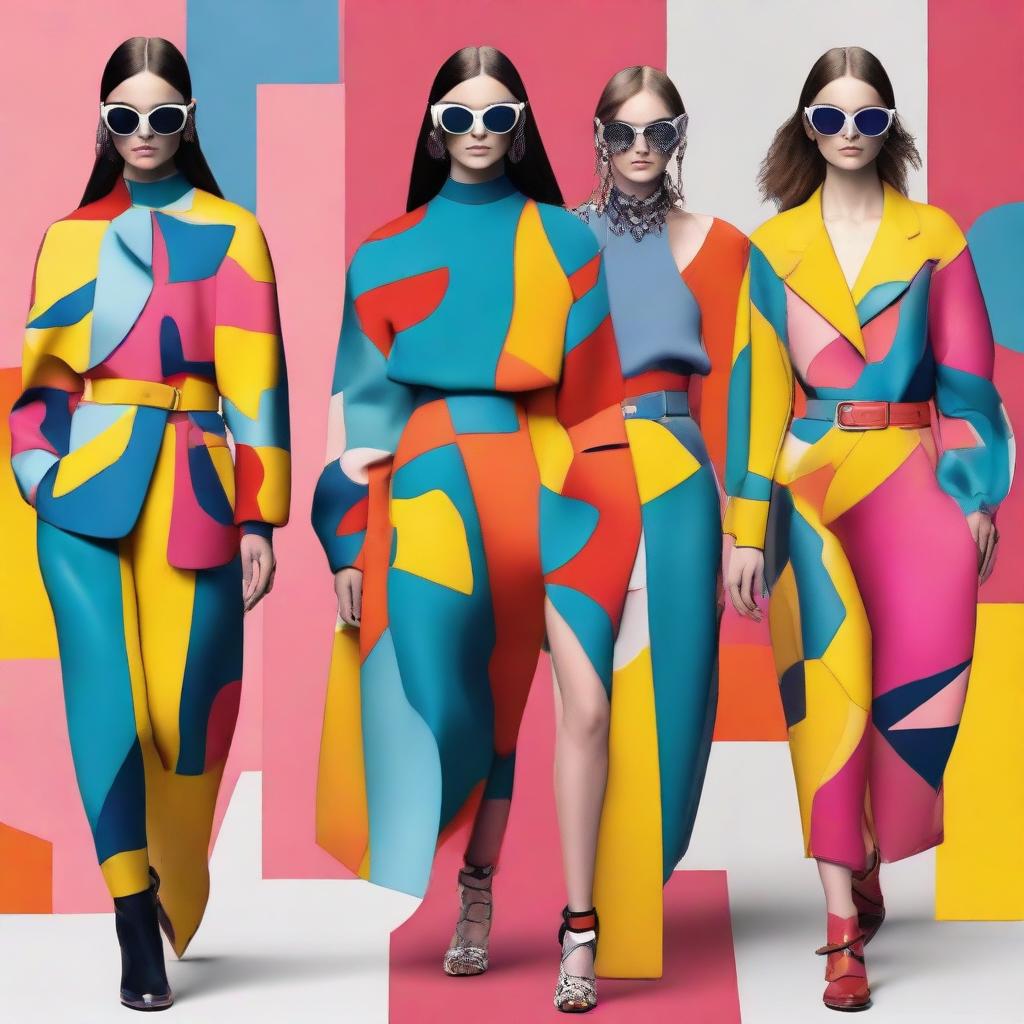 Latest high-fashion runway models wearing trendy, stylish outfits in bright colors with abstract patterns.