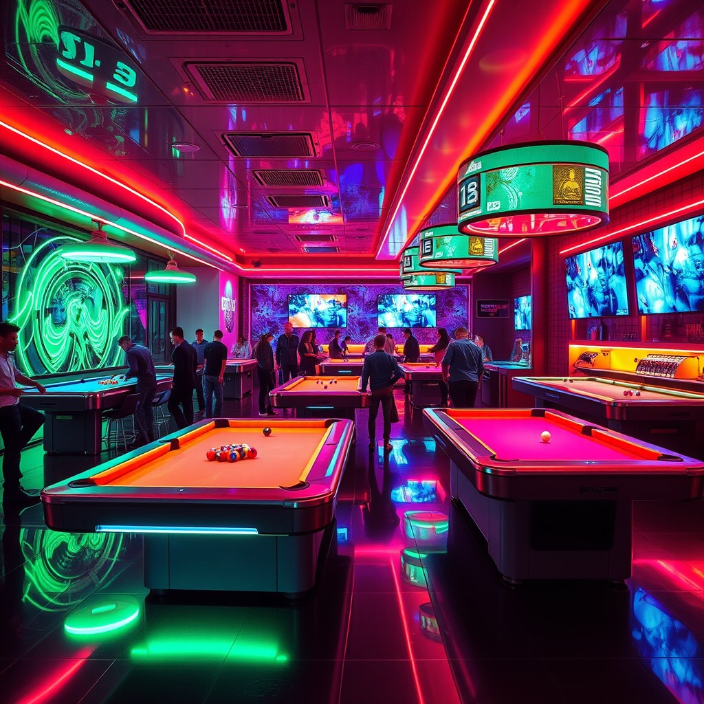 A futuristic billiard room designed with a vibrant cyberpunk aesthetic, featuring neon lights illuminating sleek, high-tech pool tables