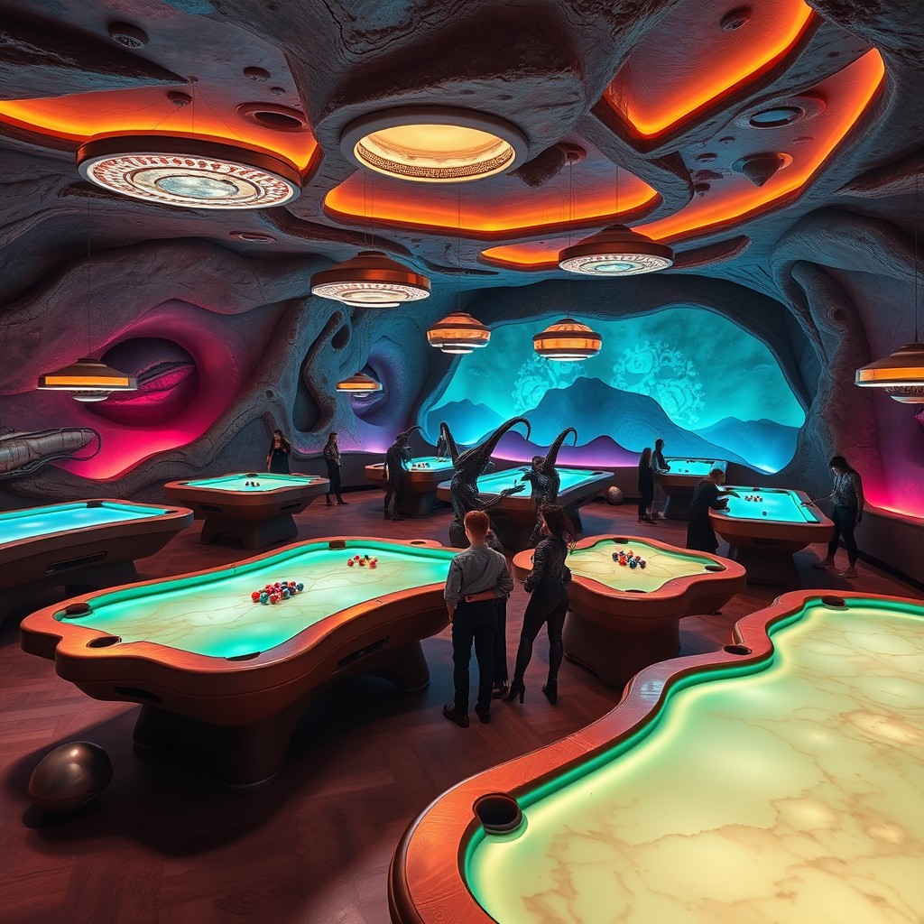 A billiard room designed with an alien concept, featuring otherworldly elements and futuristic aesthetics