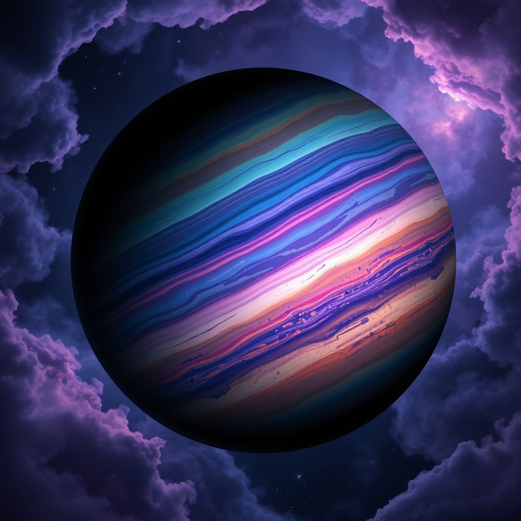 A gas giant planet with a dense and turbulent atmosphere, marked by perpetual storms and vibrant, colorful bands