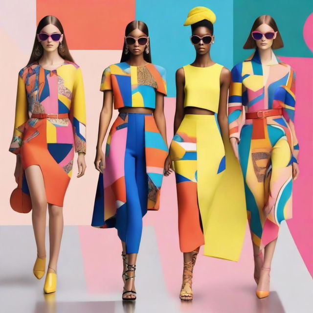 Latest high-fashion runway models wearing trendy, stylish outfits in bright colors with abstract patterns.