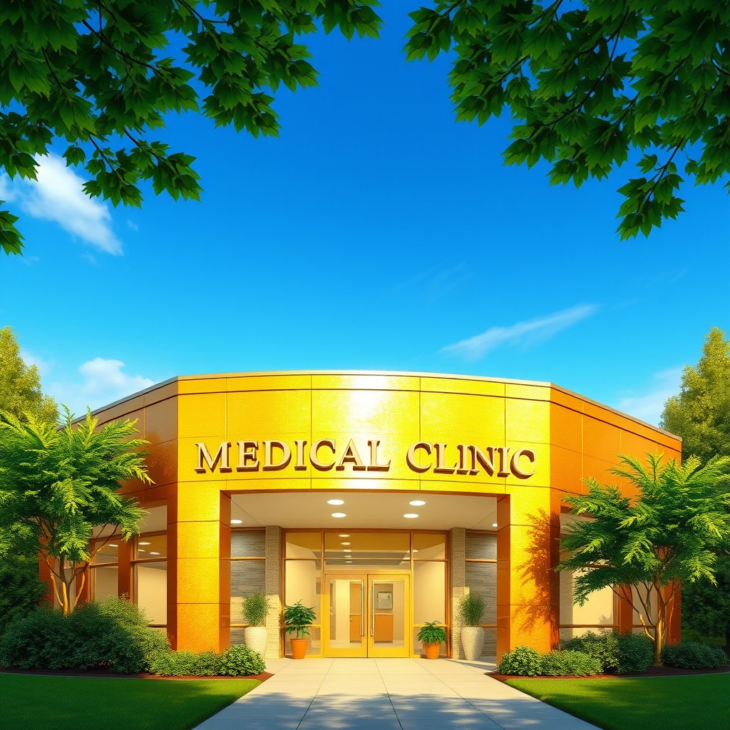 A beautifully rendered image of the Langley Medical Clinic, stylized in golden paint