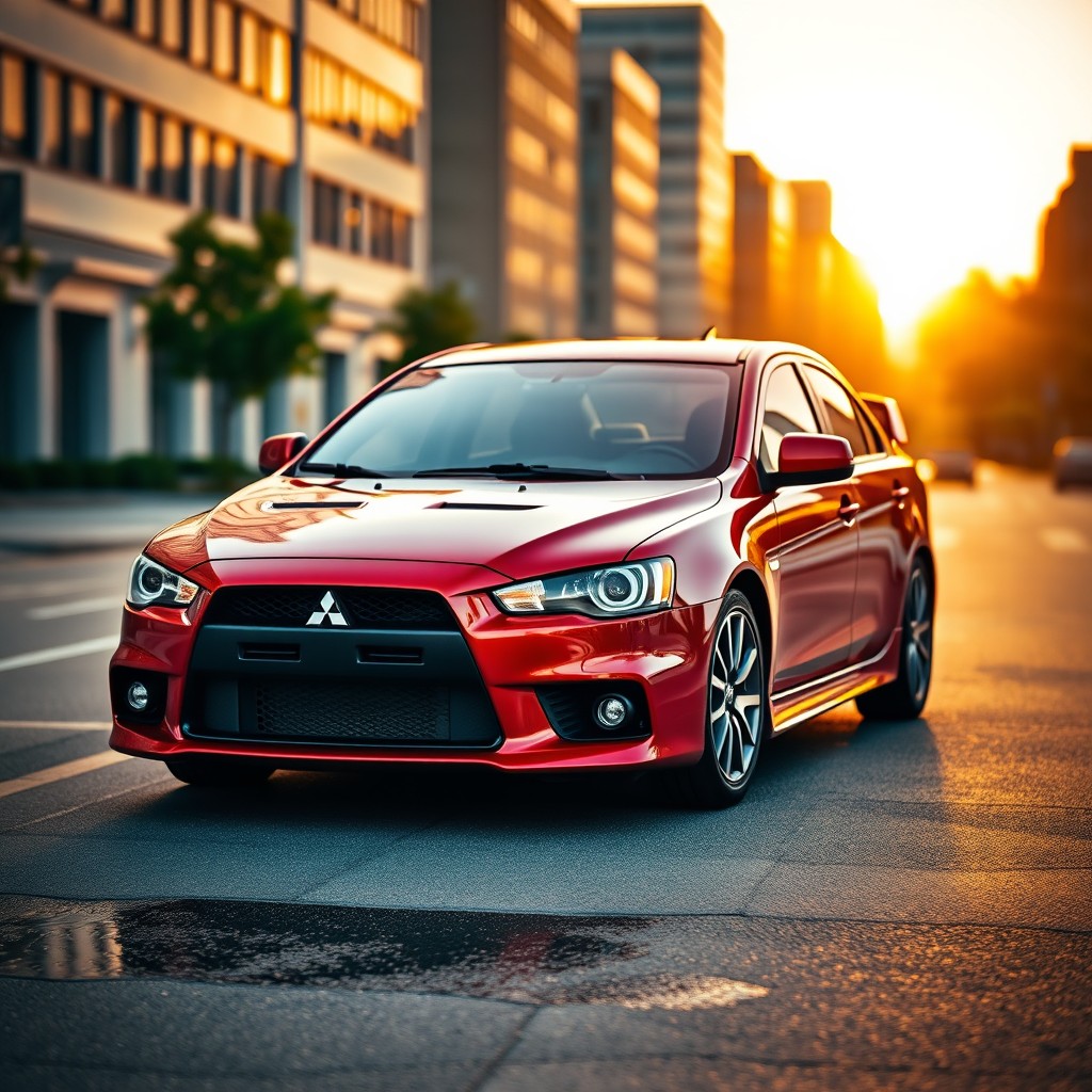 A sleek and sporty Mitsubishi Lancer parked on a city street during sunset, showcasing its bold lines and aggressive front grille