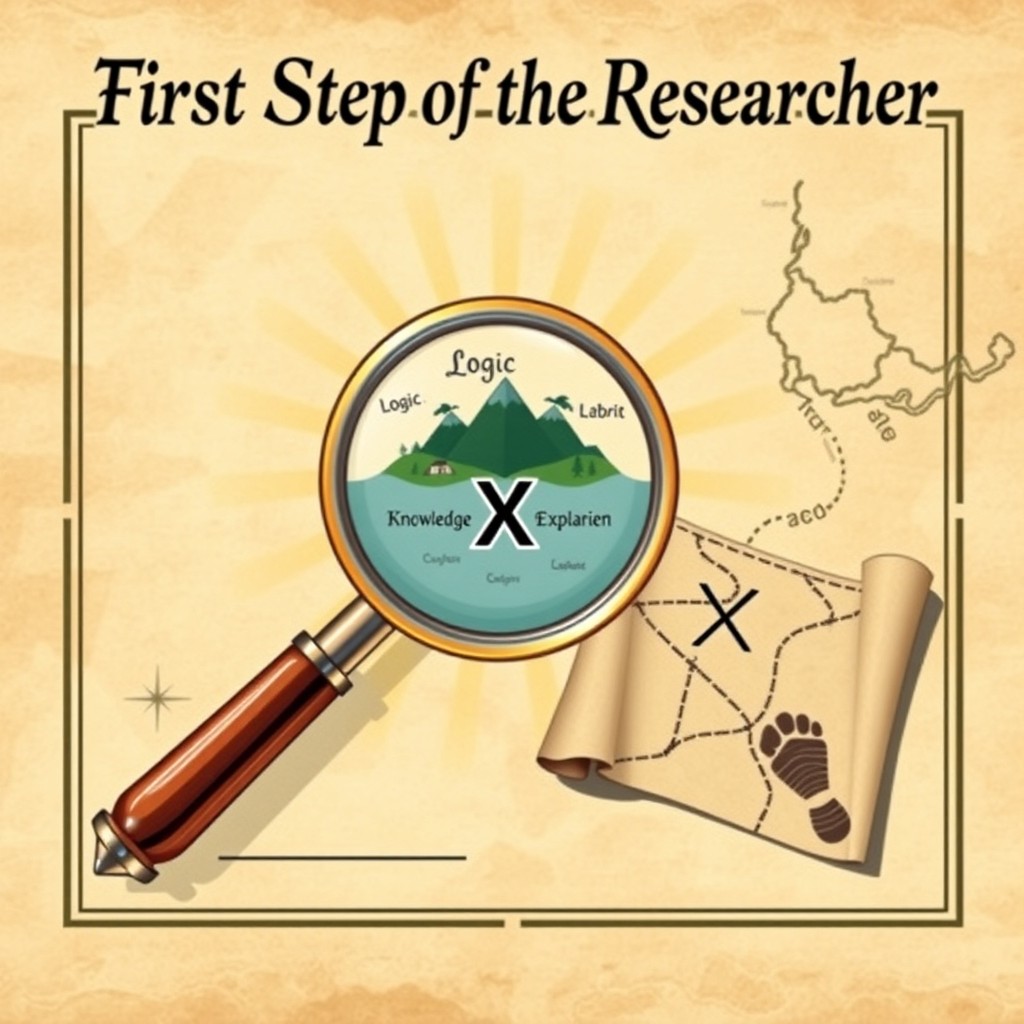 A beautifully designed certificate titled "First Step of the Researcher" featuring a central vintage-style magnifying glass, which serves as the focal point