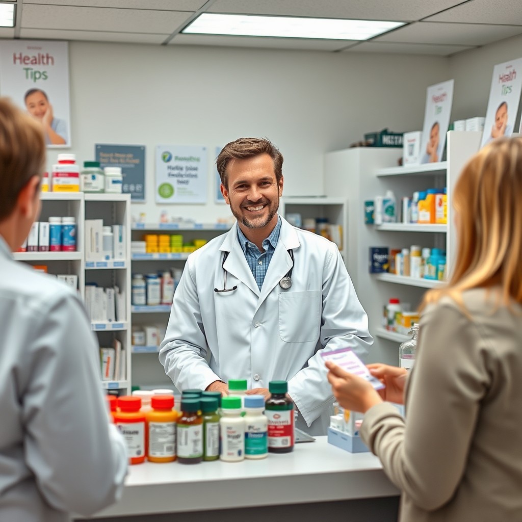 A confident pharmacist standing behind a pharmacy counter, wearing a white lab coat, managing a variety of colorful prescription bottles and over-the-counter medications