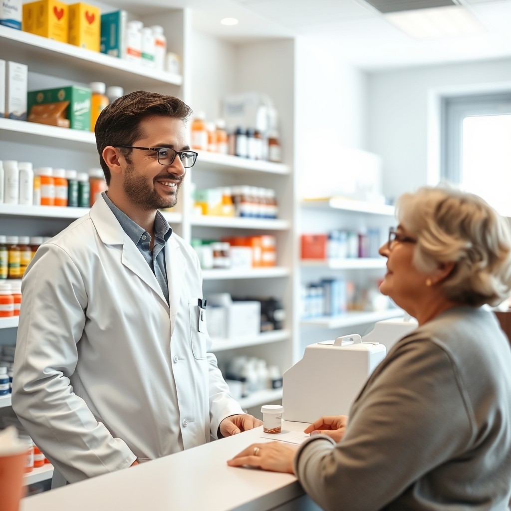 A professional pharmacy setting featuring a pharmacist, a confident and knowledgeable individual in their mid-30s, wearing a crisp white lab coat with a name tag, standing behind a pharmacy counter