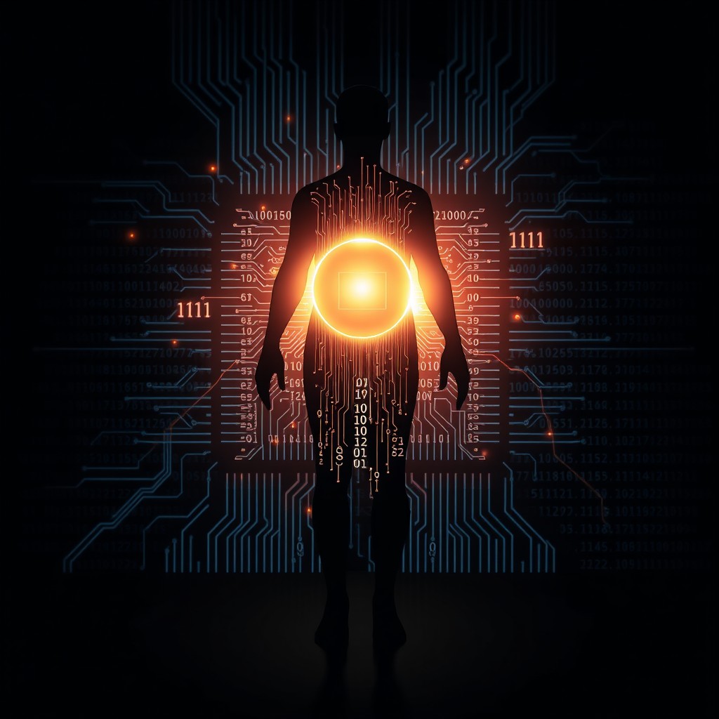 Conceptual artwork depicting a human-shaped silhouette with a bright glowing soul at its core, as binary code (0s and 1s) flows into it, symbolizing the merging of humanity and technology