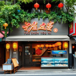 A beautifully designed shop exterior with the name '鱼深有你' (Yu Shen You Ni) elegantly displayed in stylish calligraphy