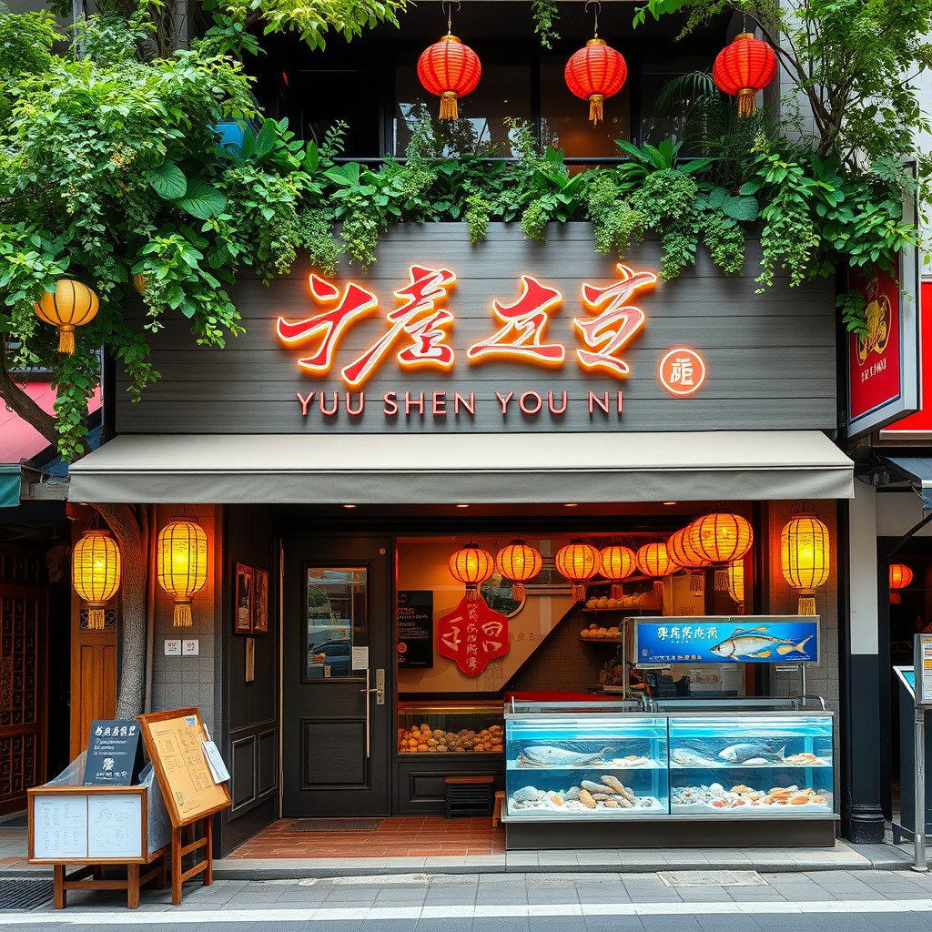 A beautifully designed shop exterior with the name '鱼深有你' (Yu Shen You Ni) elegantly displayed in stylish calligraphy