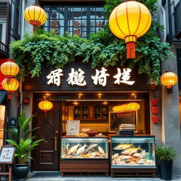 A beautifully designed shop exterior with the name '鱼深有你' (Yu Shen You Ni) elegantly displayed in stylish calligraphy