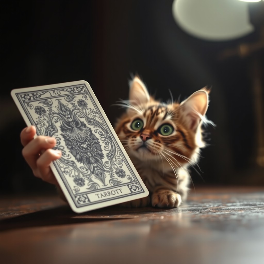A tarot card flipping over, revealing intricate and mystical designs, with a surprised cat in the foreground