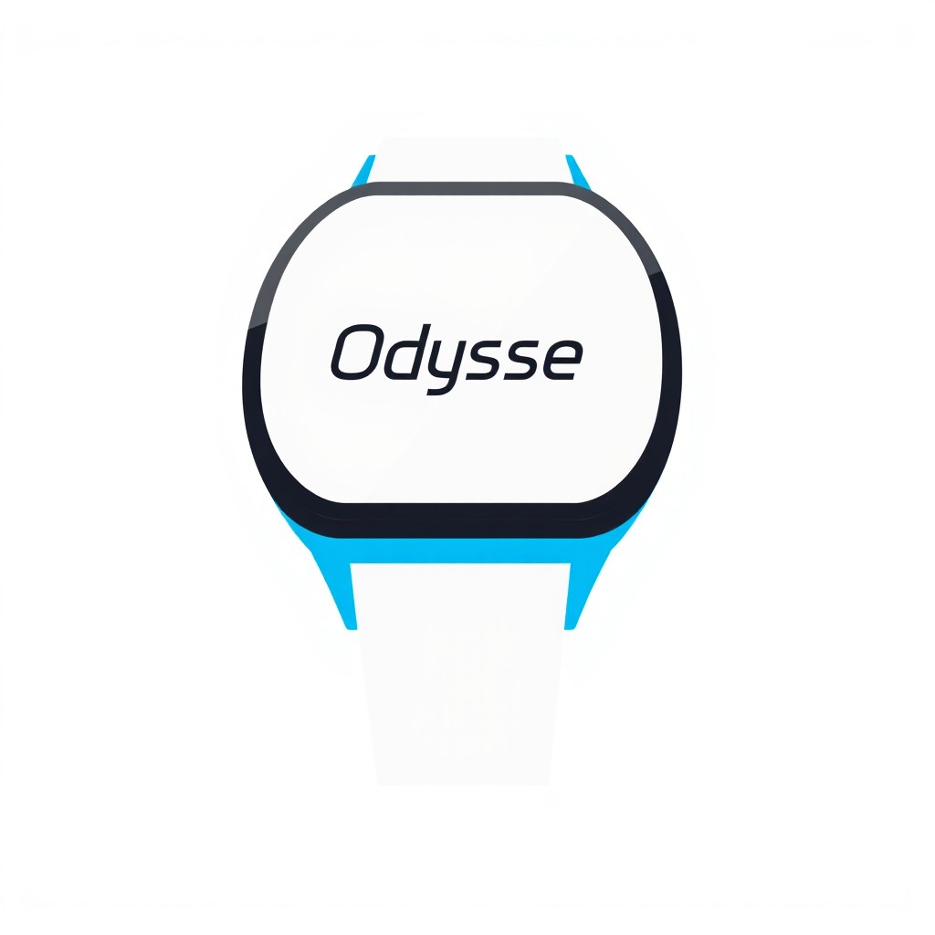 A simple digital watch design featuring a clear display and sleek lines, set against a light background