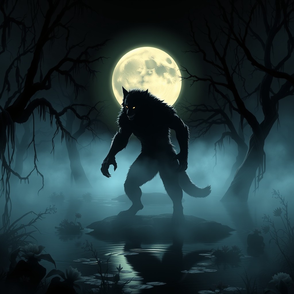 A misty bayou at night, shrouded in thick fog with creeping vines and gnarled trees