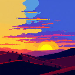 A pixel art sunset over hills, featuring a vibrant array of colors including yellow, blue, purple, orange, and dark blue