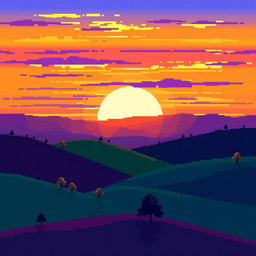 A pixel art sunset over hills, featuring a vibrant array of colors including yellow, blue, purple, orange, and dark blue