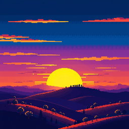 A pixel art sunset over hills, featuring a vibrant array of colors including yellow, blue, purple, orange, and dark blue