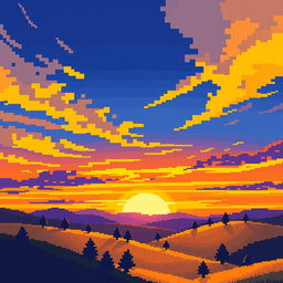 A pixel art sunset over hills, featuring a vibrant array of colors including yellow, blue, purple, orange, and dark blue