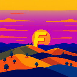 A pixel art sunset over hills, featuring a vibrant array of colors including yellow, blue, purple, orange, and dark blue