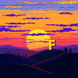 A pixel art sunset over hills, featuring a vibrant array of colors including yellow, blue, purple, orange, and dark blue