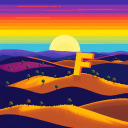A pixel art sunset over hills, featuring a vibrant array of colors including yellow, blue, purple, orange, and dark blue
